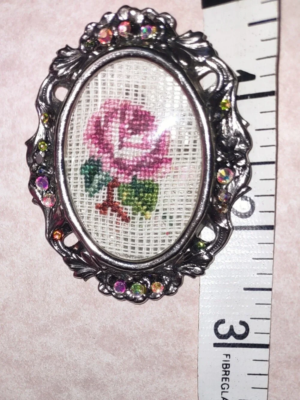 Old Fashioned Rose Needlepoint In Oval Pendant